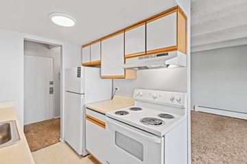 Denver apartment for rent - A white kitchen with wooden cabinets and a stove top oven.