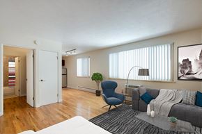 Denver apartment for rent - A living room with a grey couch, a blue chair, and a small potted plant.