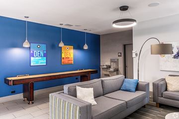 Denver apartment for rent - A living room with a grey couch and a blue wall.