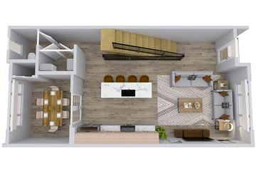 Denver townhouse for rent - A 3D rendered image of a modern apartment layout.