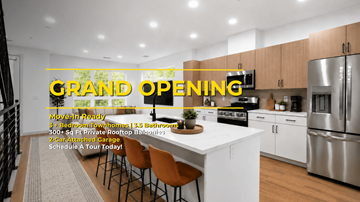 Denver townhouse for rent - A modern kitchen with a dining table and chairs is set up for a grand opening.