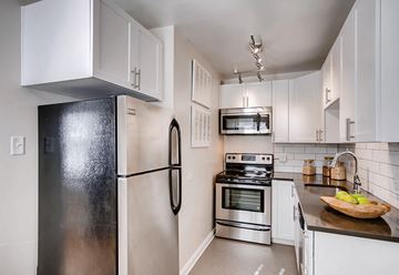 Denver apartment for rent - A kitchen with a black refrigerator and stainless steel appliances.