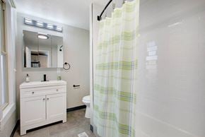 Denver apartment for rent - a bathroom with a shower and a sink and a toilet