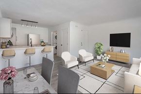 Denver apartment for rent - A modern living room with a kitchen area in the background.