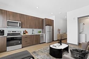 Denver apartment for rent - a kitchen with wooden cabinets and stainless steel appliances