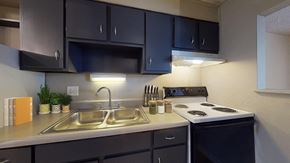 Denver apartment for rent - A kitchen with a stove, sink, and cabinets.