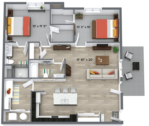 Floor plan for 2 beds, 2 baths, 1125 sqft
