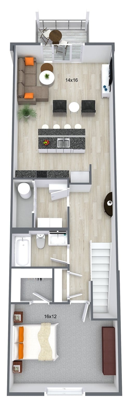 Floor plan for 1 bed, 1 bath, 918 sqft