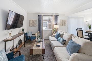Austin apartment for rent - A living room with a large couch, a coffee table, and a television.