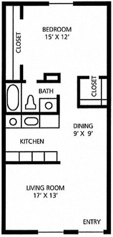 Floor plan for 1 bed, 1 bath, 705 sqft