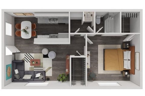 Floor plan for 1 bed, 1 bath, 652 sqft