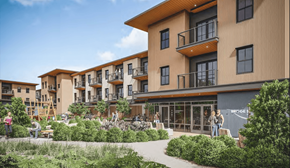 San Luis Obispo apartment for rent - A modern apartment complex with balconies and a garden area in front.