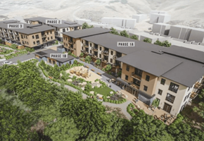 San Luis Obispo apartment for rent - An aerial view of a multi-phase residential development with buildings labeled Phase 1A, Phase 1B, Phase 2, and Phase 3.