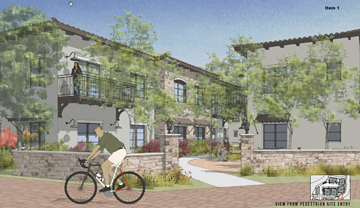 San Luis Obispo apartment for rent - A man riding a bicycle in front of a building with a balcony.
