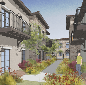San Luis Obispo apartment for rent - a rendering of a house with a courtyard and a man in a green shirt walking down a