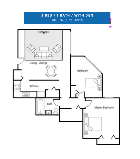 Floor plan for 1 bed, 1 bath, 606 sqft