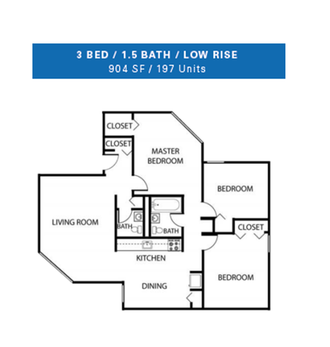 Floor plan for 3 beds, 1.5 baths, 904 sqft