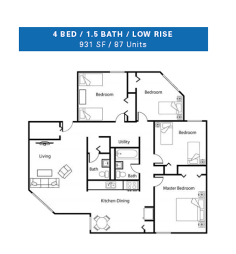 Floor plan for 4 beds, 1.5 baths, 931 sqft