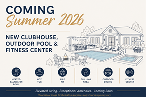 Groton apartment for rent - A poster announcing a new clubhouse, outdoor pool, and fitness center coming in the summer of 2026.