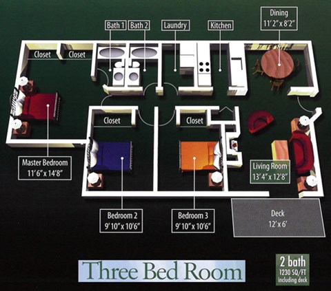 Floor plan for 3 beds, 2 baths, 1230 sqft