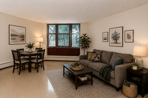 Worcester apartment for rent - A living room with a grey couch, a wooden table, and a window with blinds.