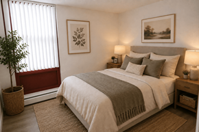Worcester apartment for rent - A bedroom with a large bed and a potted plant.