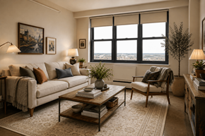 Cambridge apartment for rent - A cozy living room with a large window overlooking the city.