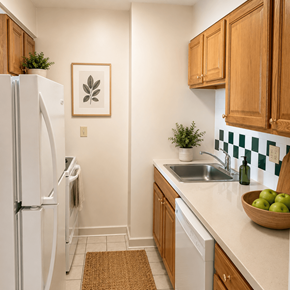 Cambridge apartment for rent - A kitchen with a white fridge and wooden cabinets.