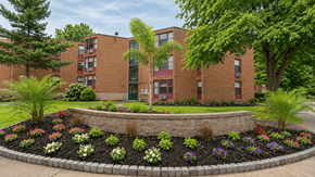 Worcester apartment for rent - A brick building with a flower bed in front.