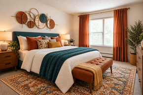Attleboro apartment for rent - A bedroom with a bed, a bench, and a wall art.