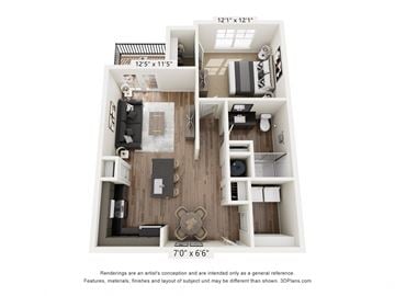 Belville apartment for rent - A 3D floor plan of a small apartment with a kitchen, living room, and bedroom.