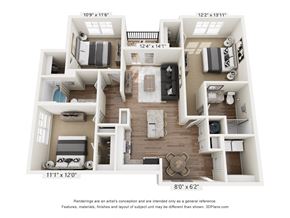 Belville apartment for rent - a floor plan of a 3 bedroom with 2 bathrooms and a living room