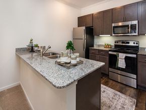 Indian Trail apartment for rent - a kitchen with granite countertops and stainless steel appliances at Ardmore at the Trail, Indian Trail, North Carolina