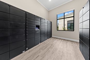 Package room with black lockers