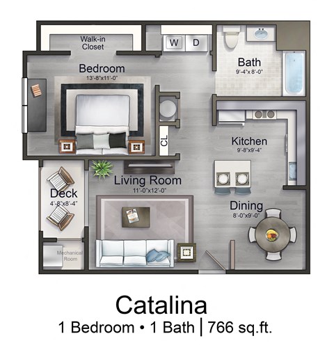 Floor plan for 1 bed, 1 bath, 766 sqft