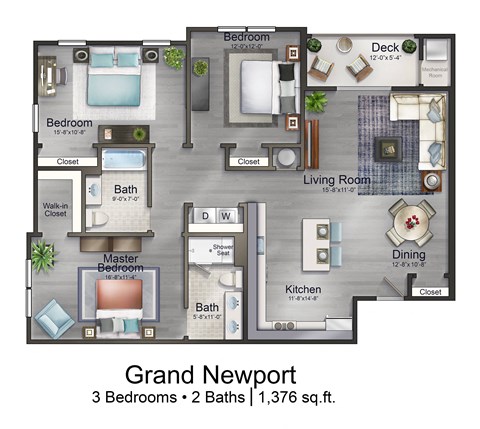 Floor plan for 3 beds, 2 baths, 1376 sqft