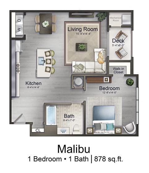 Floor plan for 1 bed, 1 bath, 878 sqft