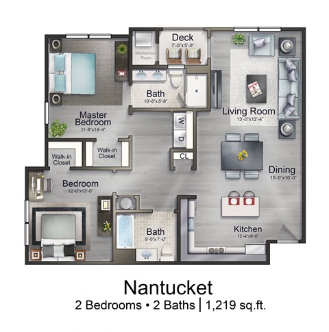 Floor plan for 2 beds, 2 baths, 1219 sqft