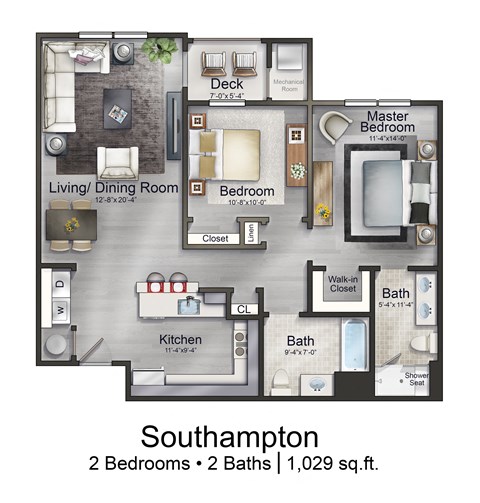Floor plan for 2 beds, 2 baths, 1029 sqft