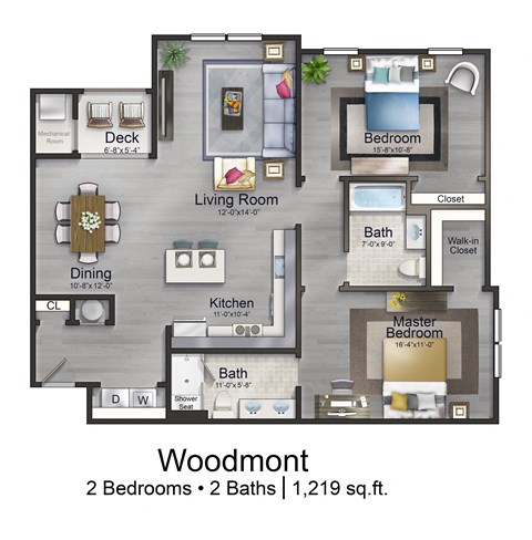 Floor plan for 2 beds, 2 baths, 1219 sqft