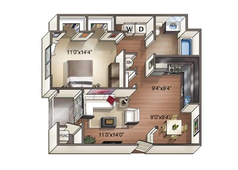 Floor plan for 1 bed, 1 bath, 740 sqft
