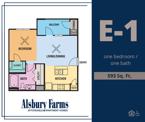 Floor plan for 1 bed, 1 bath, 593 sqft