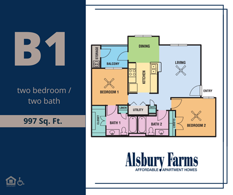 Floor plan for 2 beds, 2 baths, 997 sqft
