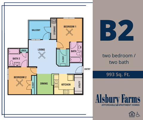 Floor plan for 2 beds, 2 baths, 993 sqft