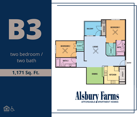 Floor plan for 2 beds, 2 baths, 1171 sqft