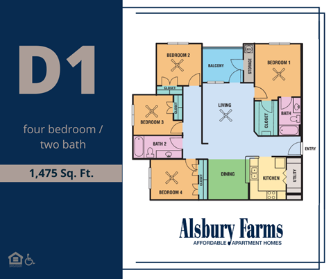 Floor plan for 4 beds, 2 baths, 1475 sqft
