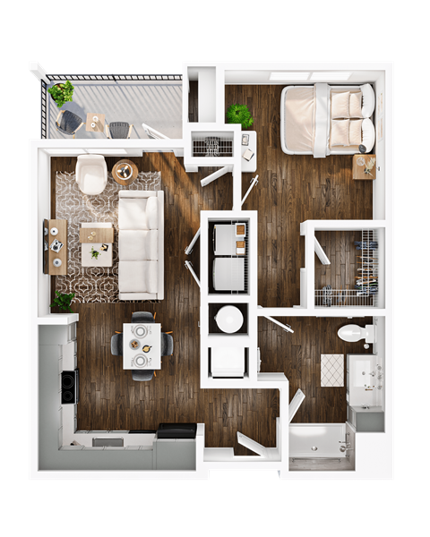Floor plan for 1 bed, 1 bath, 668 sqft