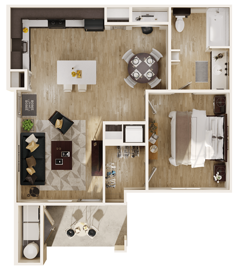 Floor plan for 1 bed, 1 bath, 761 sqft