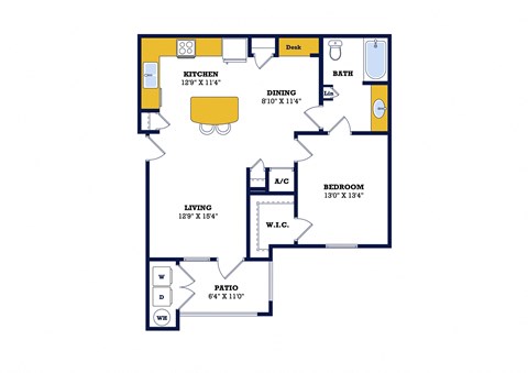 Floor plan for 1 bed, 1 bath, 761 sqft