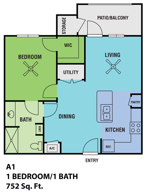 Floor plan for 1 bed, 1 bath, 680 sqft
